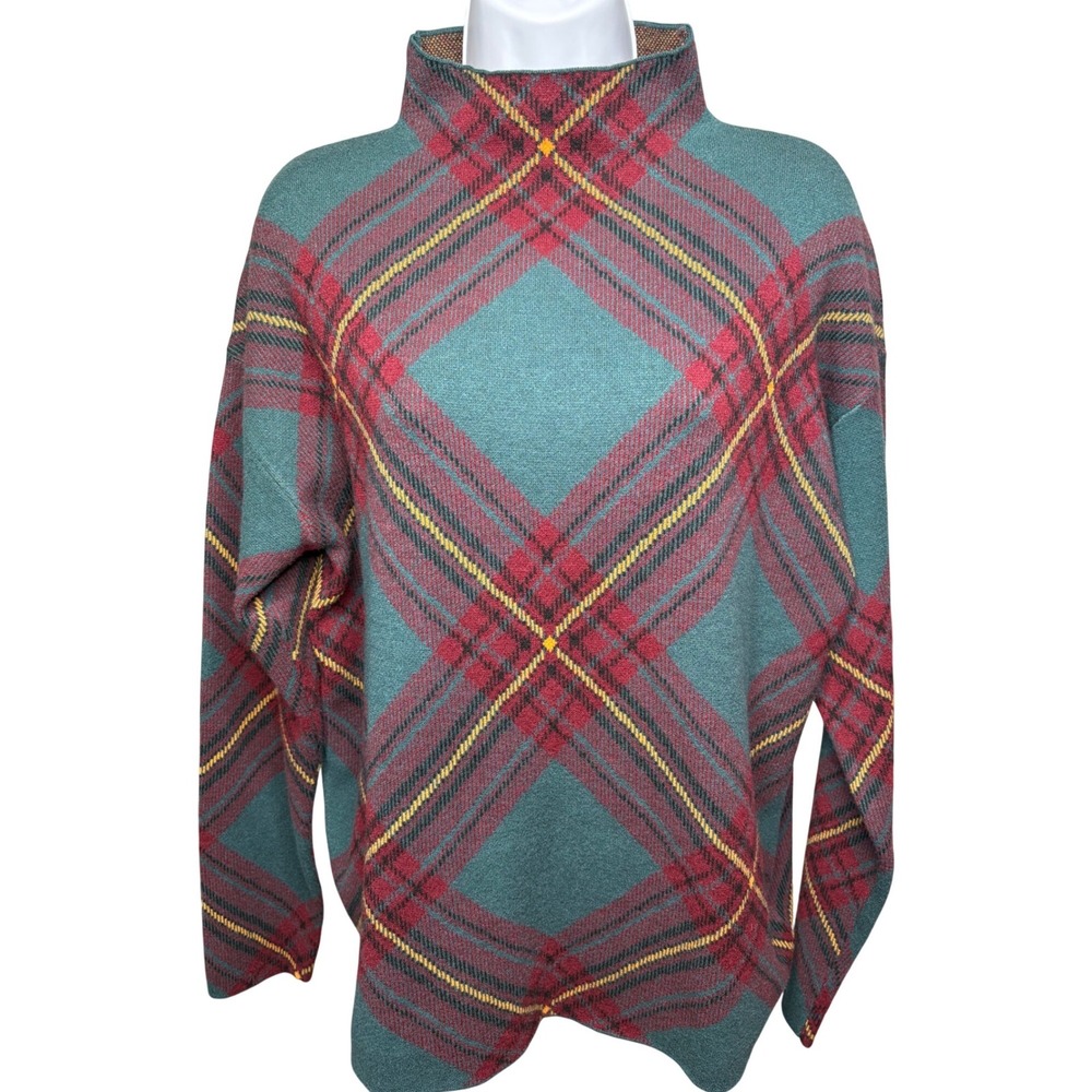 NWT TAHARI Womens Teal Red Tartan Plaid Mock Neck Long Sleeve Sweater L Academia